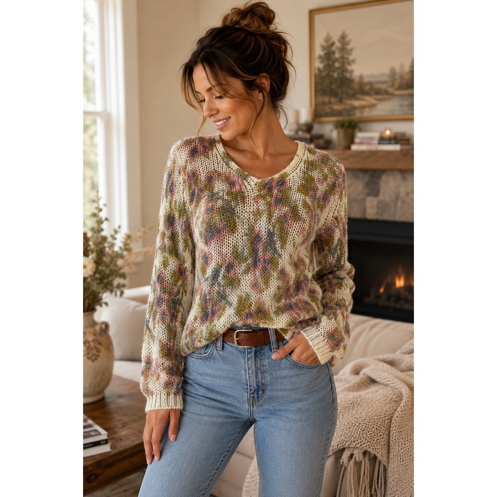 Lauren Conrad Disney Floral Open Knit Sweater Women's M Ivory Pink Cozy